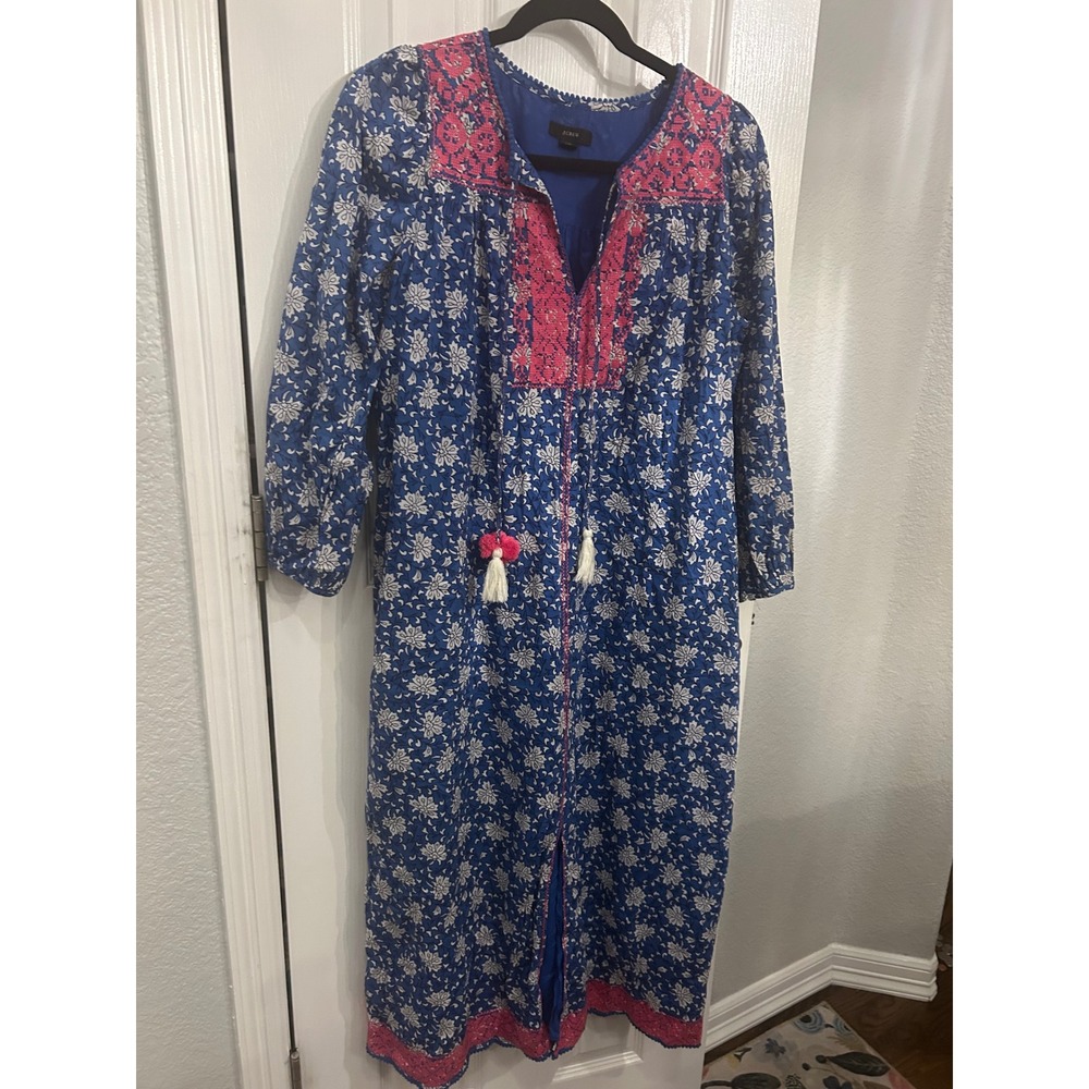 J.Crew Re-Imagined Blue‎ Floral Embroidered Tassel Midi Dress XS Boho Pink Trim